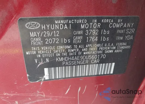 2013 Hyundai Elantra Gls from USA, damaged, VIN KMHDH4AE9DU560170